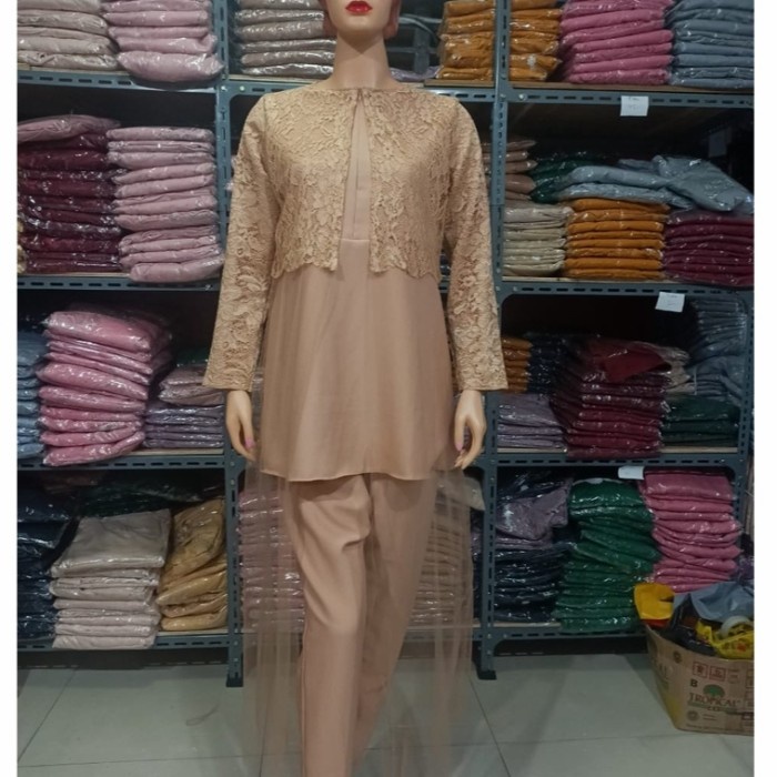 Setelan Gamis JASINTA/Busui/Moscrepe Kombinasi Brukat Tile/No Jilbab - Mocca, M