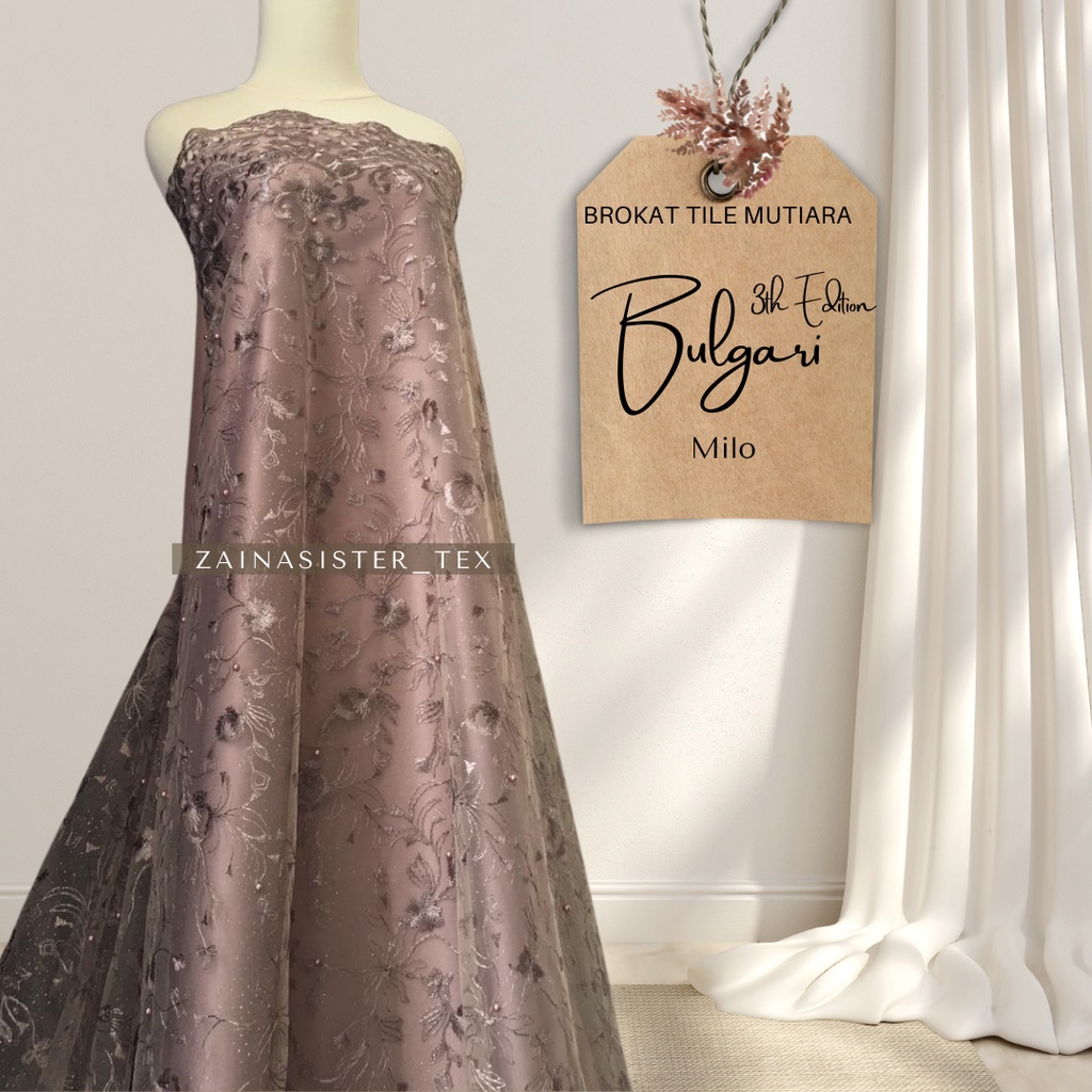 Bahan Kain Kebaya Brokat Brukat Tile Mutiara Bordir 1/2 Meteran Bulgari (Series 3) Warna Cokelat Mil