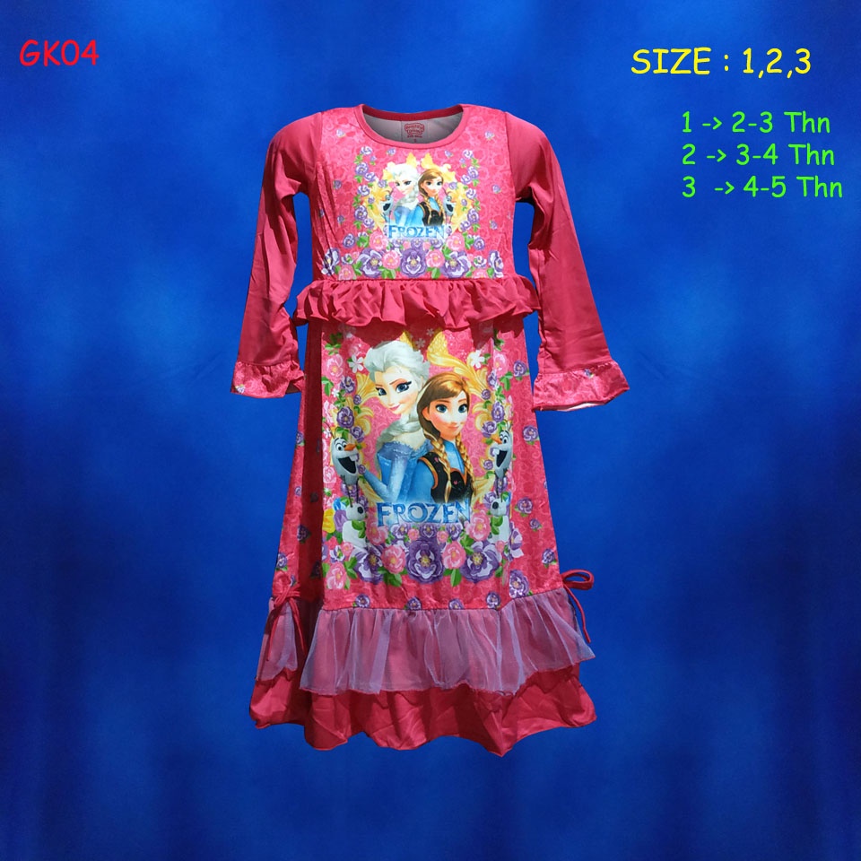 (GK04) Baju Muslim Anak Gamis Frozen Ana & Elsa Pink-3 Size 1,2,3