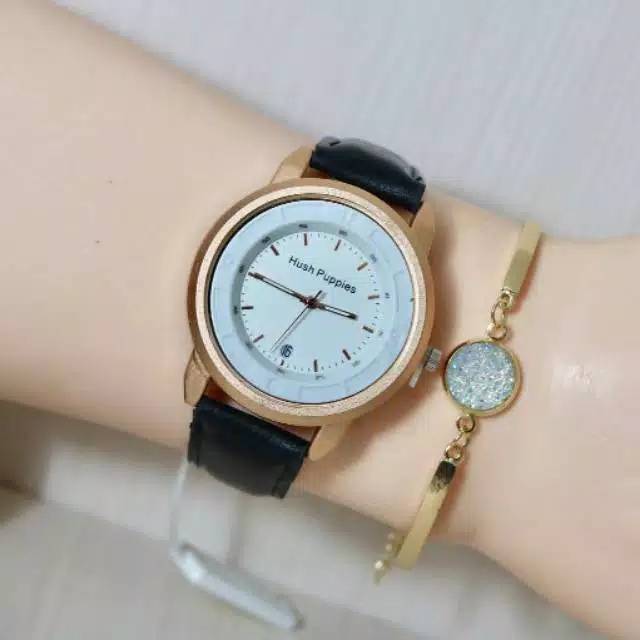 JAM TANGAN WANITA HUSH PUPPIES LEATHER KULIT BONUS GELANG CANTIK MEWAH