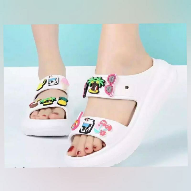 SANDAL FASHION BAE SLIDE TWO STRAP WEDGES FREE JIBBITZ