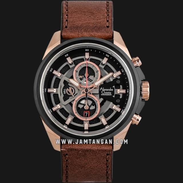 Alexandre Christie AC 6504 MC LBRBA Chronograph Men Skeleton Dial Brown Leather Strap