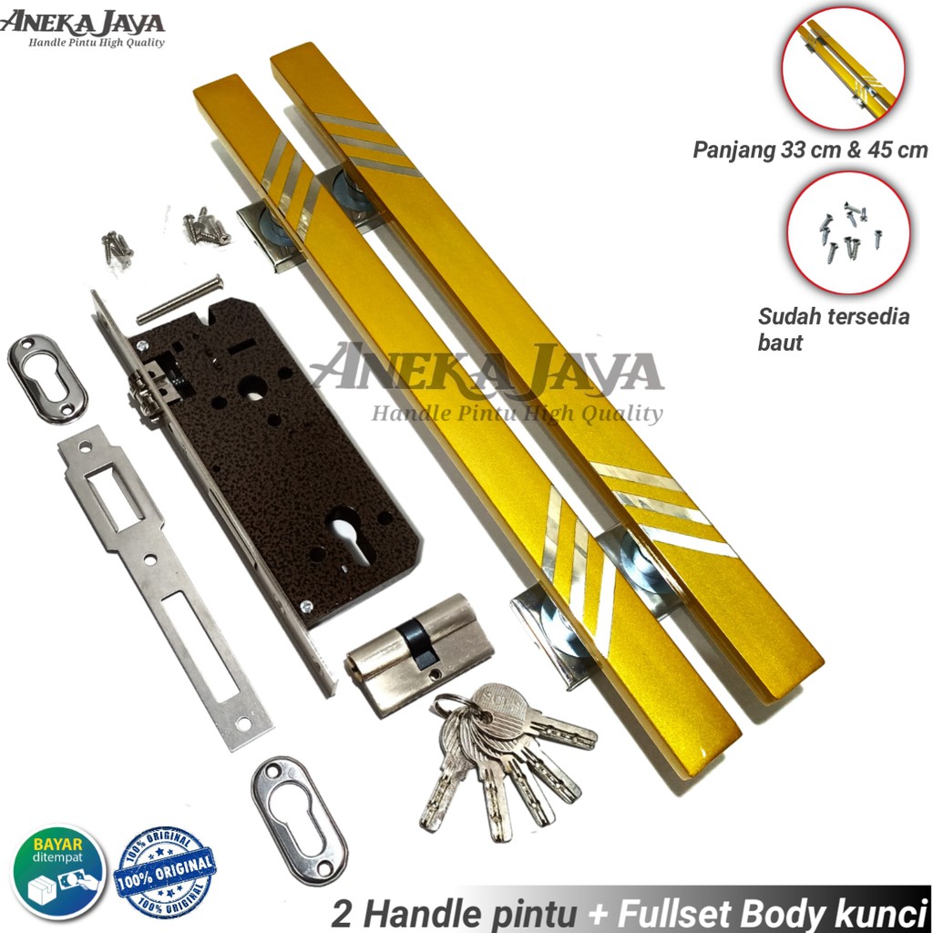 Handle pintu rumah set kunci panjang 33 cm 45 cm / Gagang pintu Rumah / Pegangan pintu rumah kuning