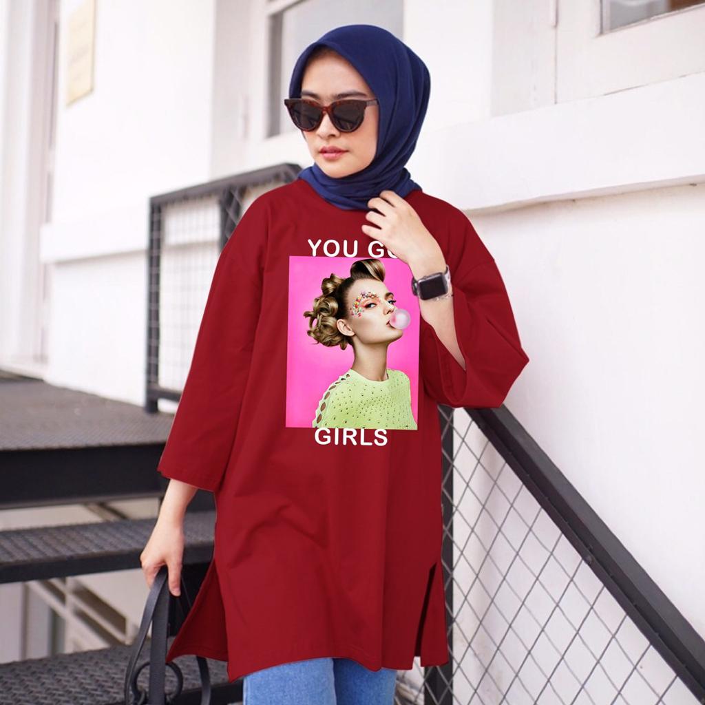 KAOS OVERSIZE TOP HIJAB WANITA BASIC YOU GO  / OVERSIZE SLIT BLOUSE GAMBAR DTF / DIGITAL PRINT