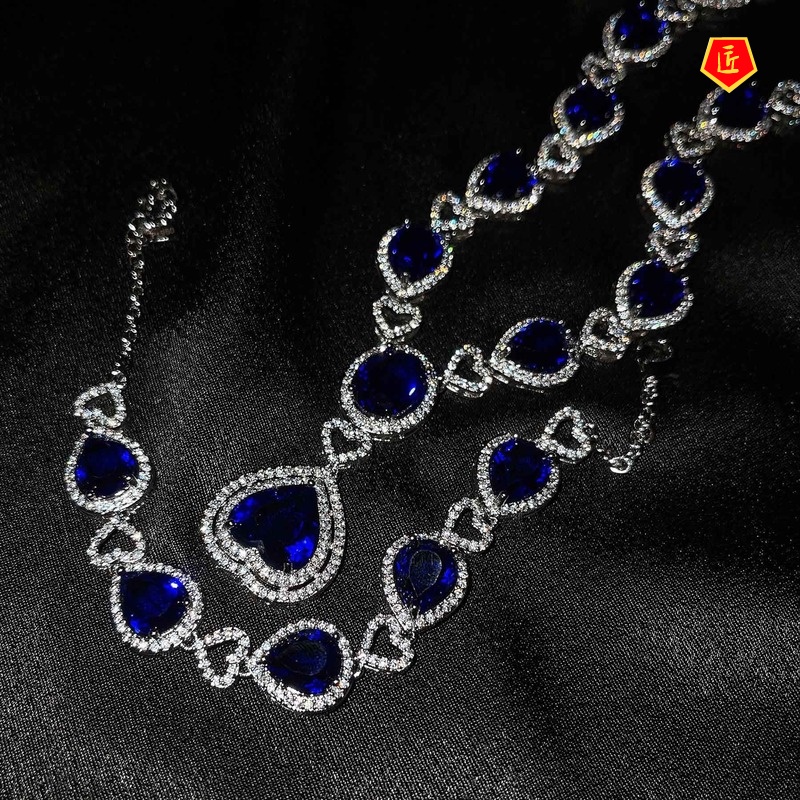 [Ready Stock]Luxury Micro-Inlaid Diamond Ocean Heart Necklace Sapphire Bracelet