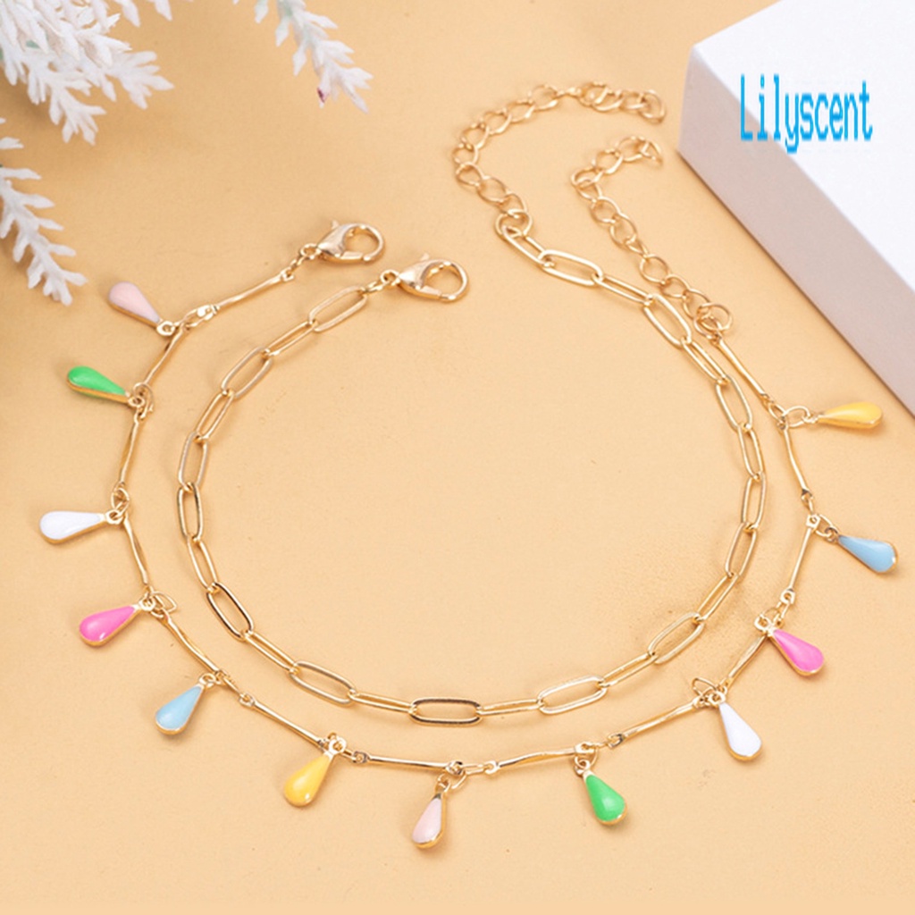 2pcs / Set Kalung Rantai Dengan Liontin Bentuk Tetesan Air Hollow Out Warna-Warni Untuk Wanita