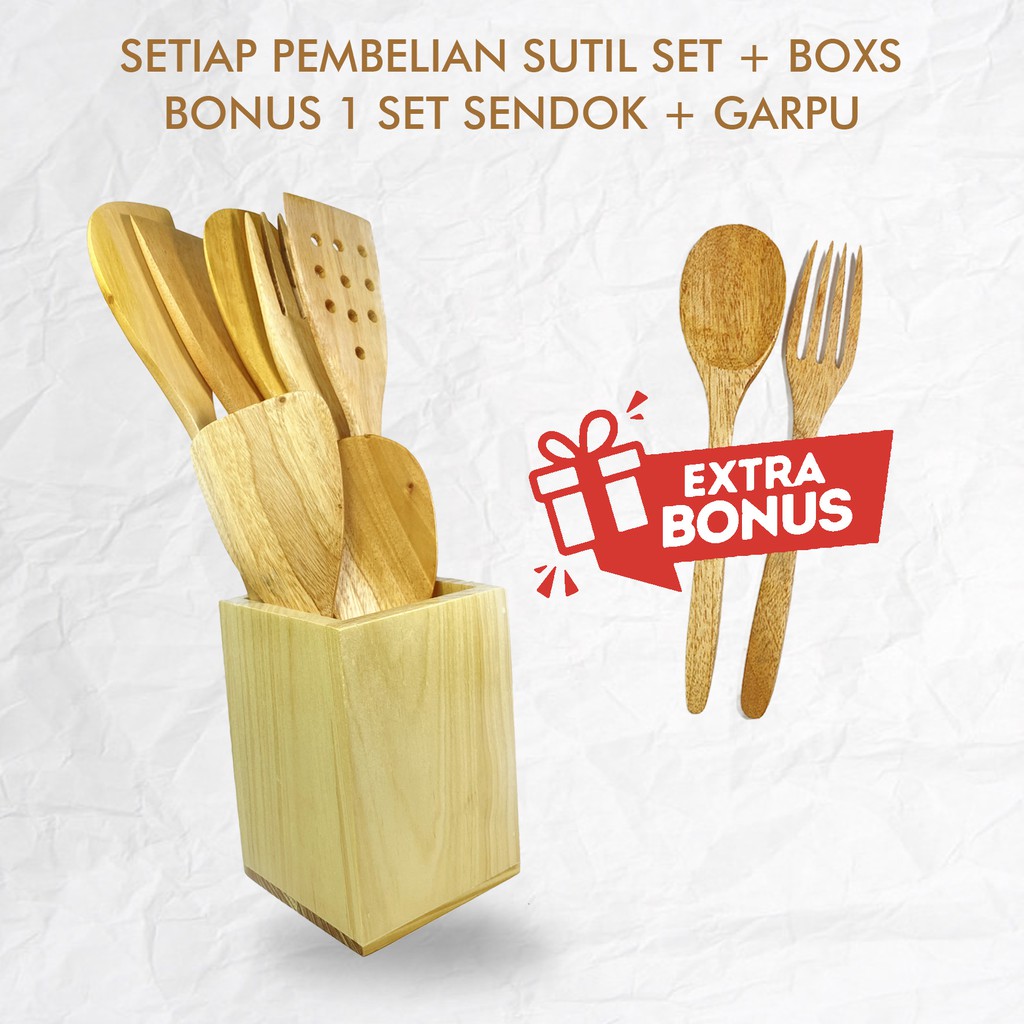 DADALALA Peralatan Dapur Set Isi 7 + Boks Kayu Pinus [FREE] Sendok Garpu T