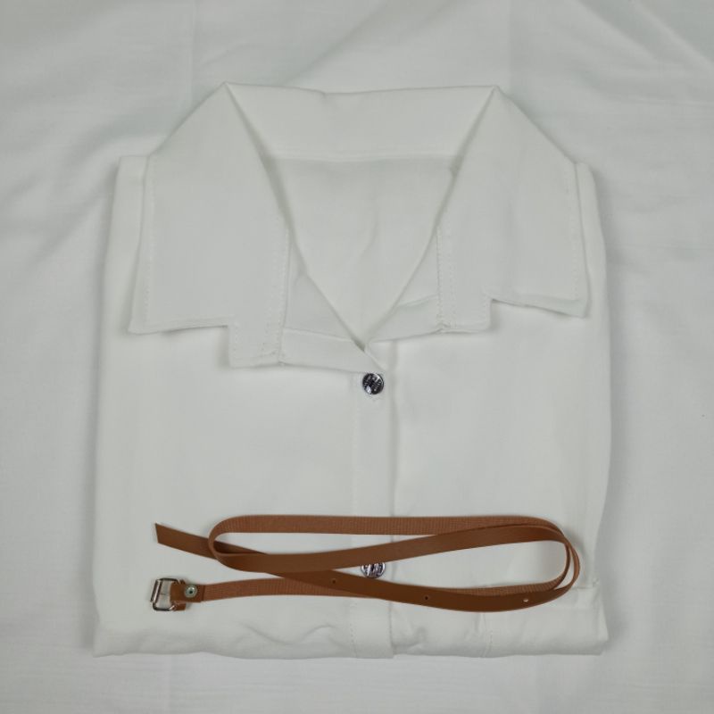Kemeja Wanita Atasan Blouse Casual Polos Lengan Panjang Kekinian Bahan Moscrep Free belt model Korea-Putih-015