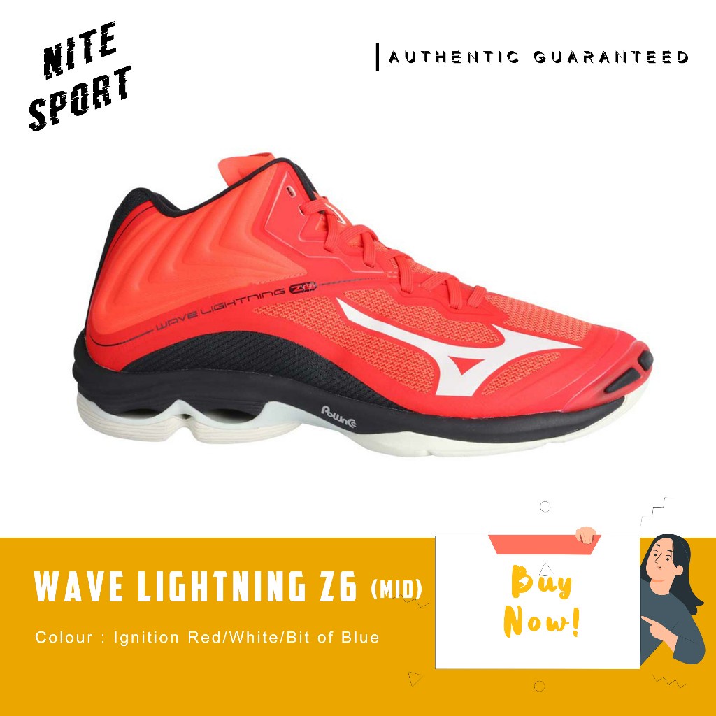 Sepatu Volly Mizuno Wave Lightning Z6 Mid WLZ 6 Mid Ignition Red White Bit Of Blue