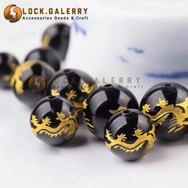 Bahan Gelang Batu Manik Manik Butiran Batu Tibet Motif Naga Emas