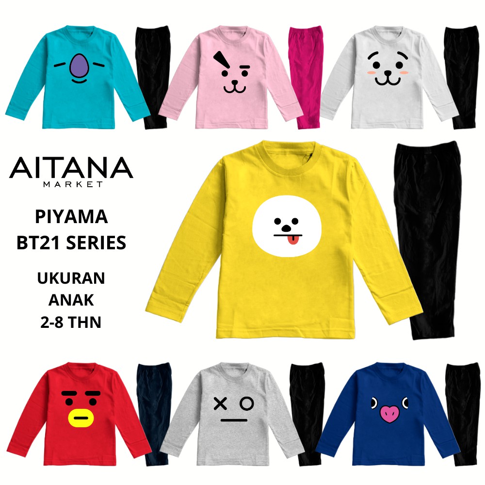 Baju Tidur Piyama Lengan Panjang Bt21 Face Untuk Anak Usia 2-8 Tahun Bahan Katun Combed 30s