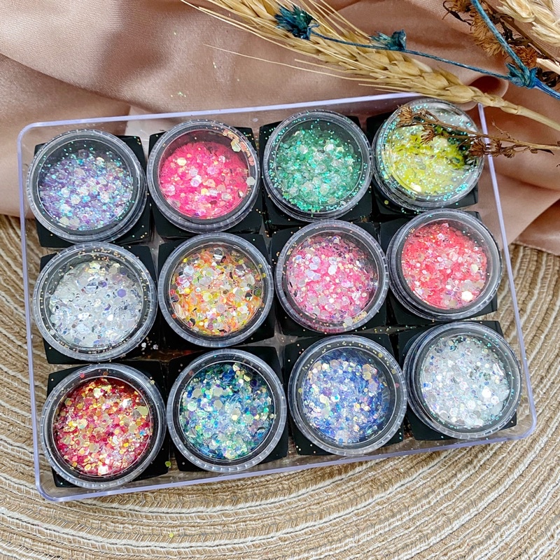 Glitter nailart 12 mix color hiasan nailart glitter nail gel polish Produk Good Quality