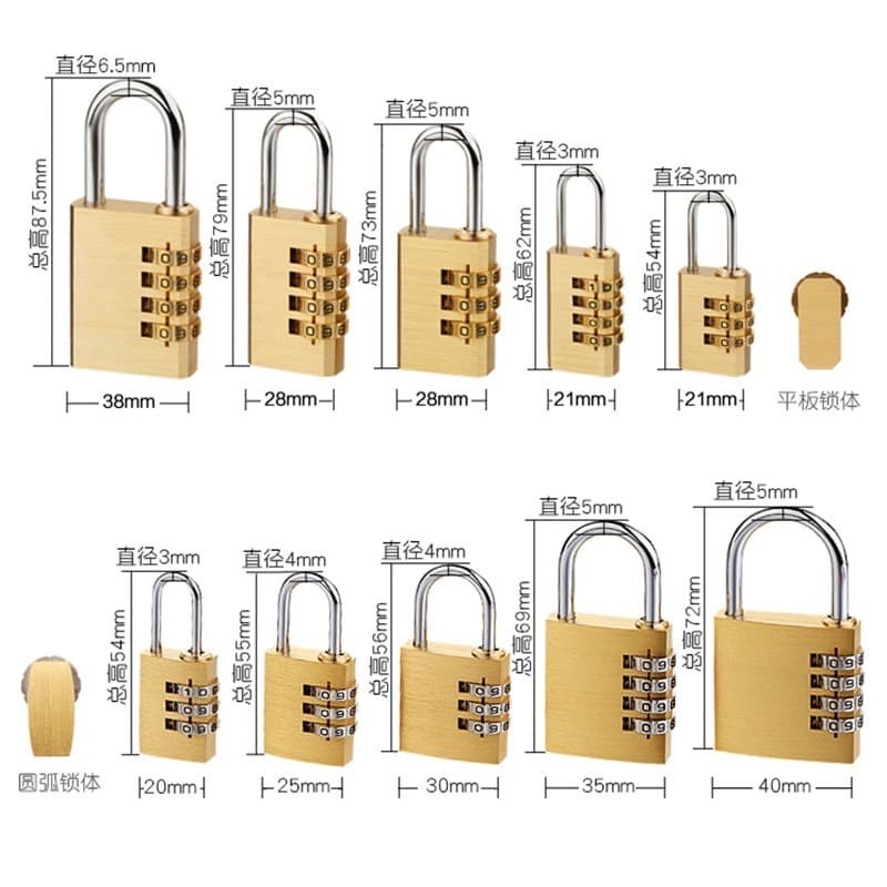 Gembok Koper Padlock 4 Digit Combination Solid Brass Stainless - Golden