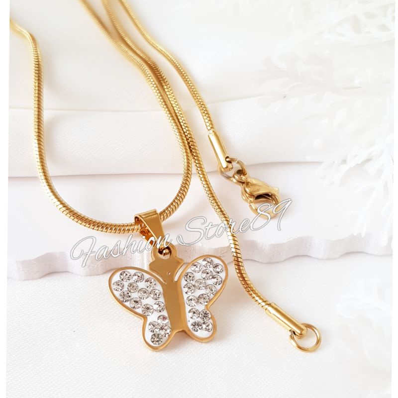 Ready kalung import Buterfly lapis permata putih Titanium Gold white Antikarat Anti Air selamanya Kalung Kupu-kupu Titanium LTNx