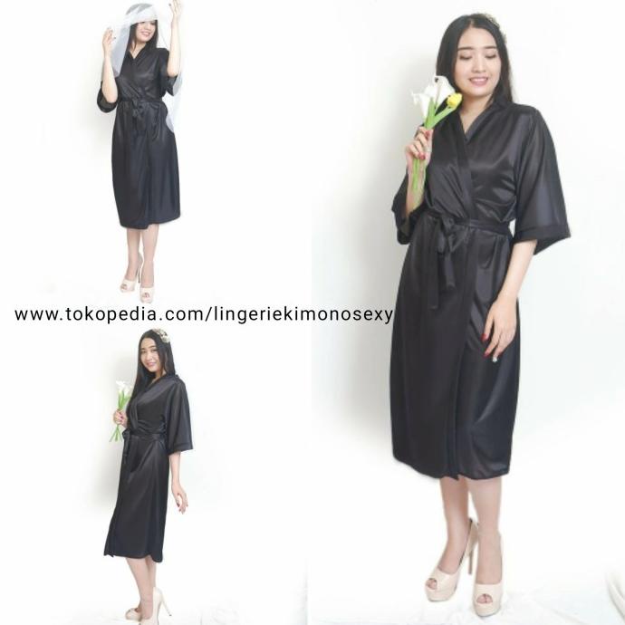 TERLARIS kimono jubah tidur piyama wanita dewasa hitam satin hot sexy outer