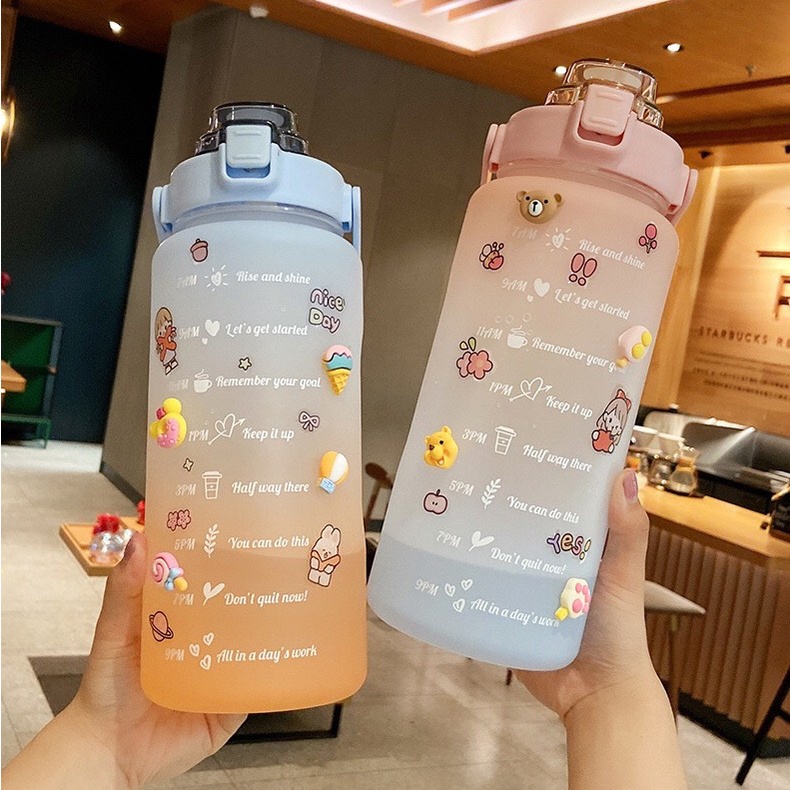 ❤️ SUHU ❤️ BOTOL MINUM MOTIVASI VIRAL GRADIASI PASTEL PENANDA WAKTU QUITFIT 2 LITER 2000ML STICKER 3D