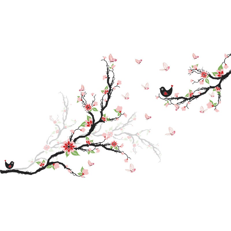 2pcs / set Stiker Dinding Desain Bunga Butterfly Bird Branch Untuk Dekorasi Ruang Tamu / Kamar Tidur