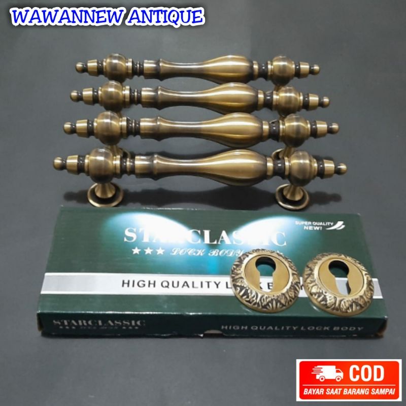 Handle Pintu / Gagang Pintu Rumah Kuningan + 1 Set Body Kunci Motif Teratai 32cm