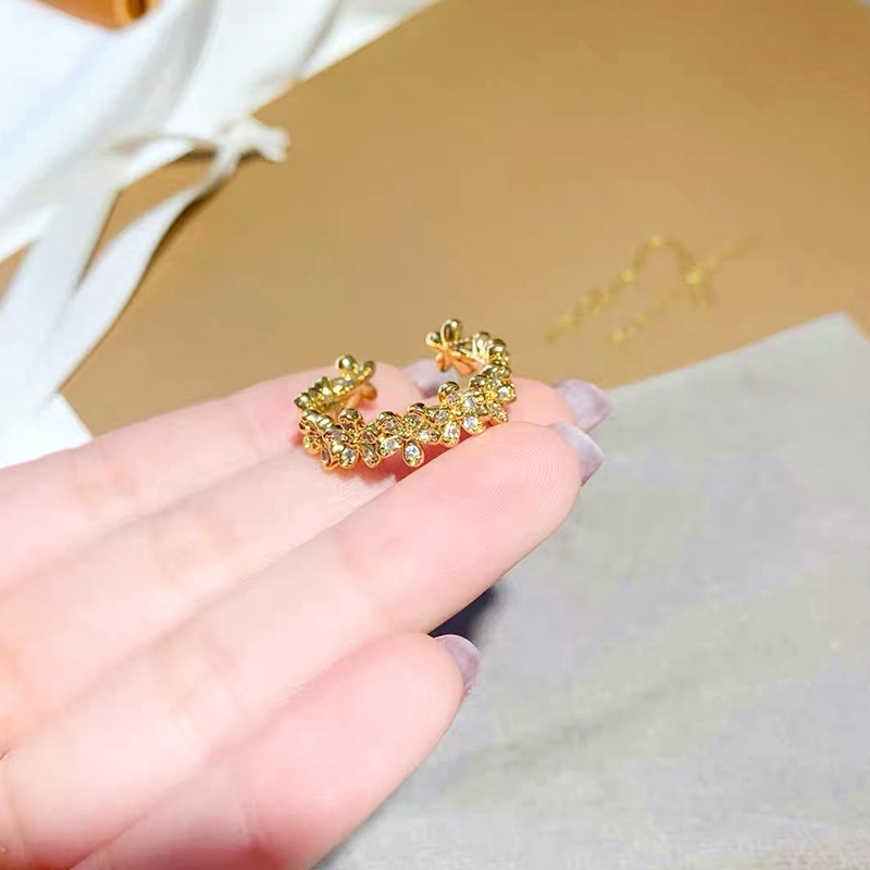 Cincin Titanium Wanita (Terbuka) Bunga Daisy Berlian Lapis Emas 18K Cantik Perhiasan Korea