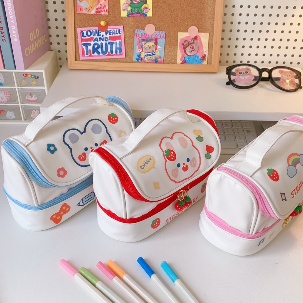 

Kawaii School Pencil Case for Girls Stationery Pencilcase Organizer Korean Strawberry Two Zipper Pen