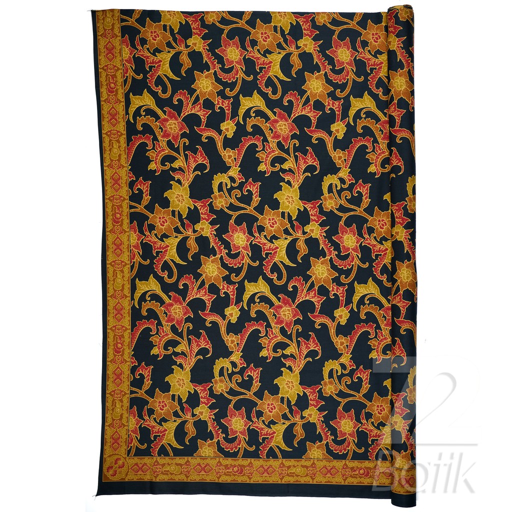 KAIN BATIK PREMIUM Bahan Katun Motif Kembang Warna Hitam Kuning Merah 724562 Cap 72 Jarik Jarit Samping Kebat Panjang Batik Katun Modern Premium Bahan Seragam Batik Pernikahan Kantor Keluarga Murah Kamen Jadi Batik Bali Lembaran