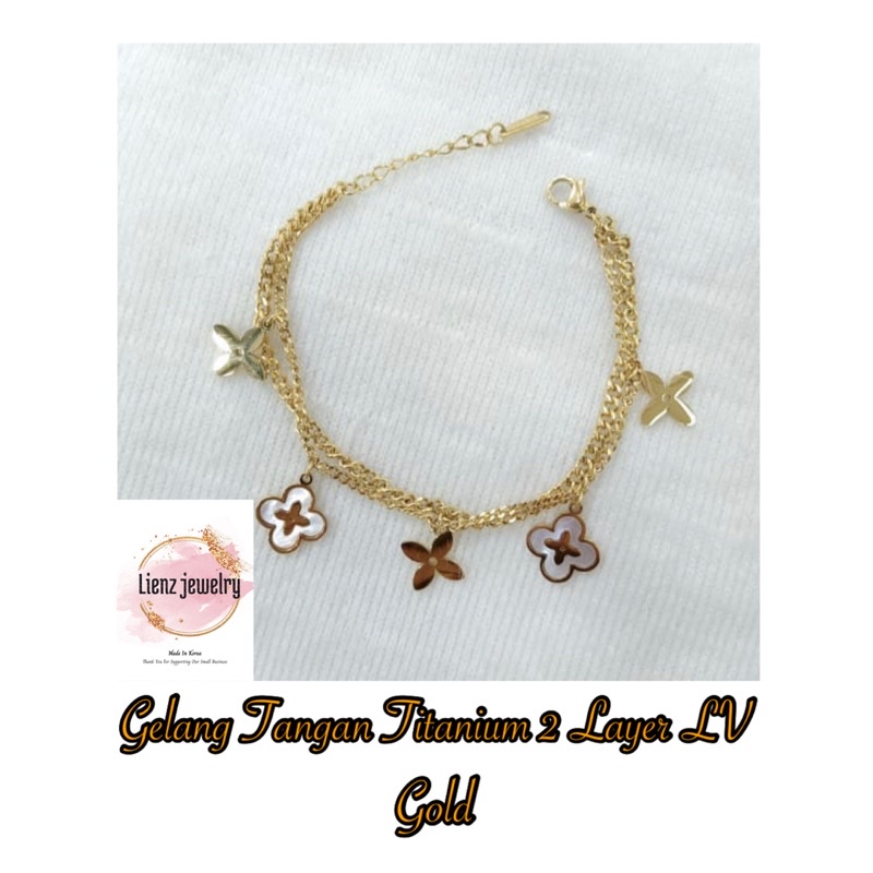Gelang Tangan Titanium Wanita Gold 2 Layer Lv Rantai / Gelang Tangan Stainless Steel Wanita Anti Kar