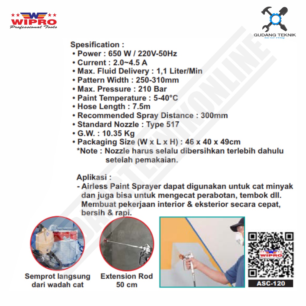 Mesin Semprot Cat Spray Gun AIRLESS WIPRO ASC-120 / Mesin Cat Tanpa Kompresor 650W WIPRO ASC 120 - Spray Painter WIPRO ASC120