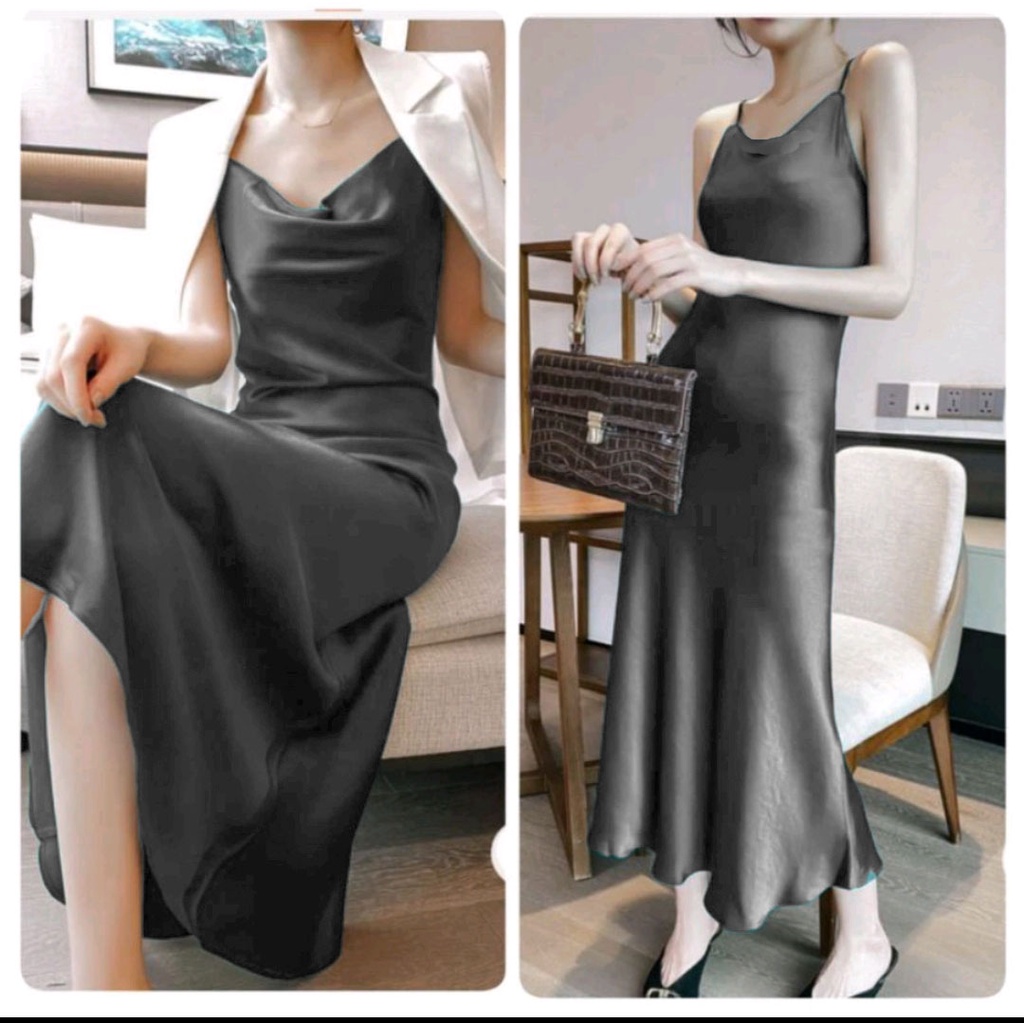 Long Dress Satin Wanita tali kecil korean outfit 903