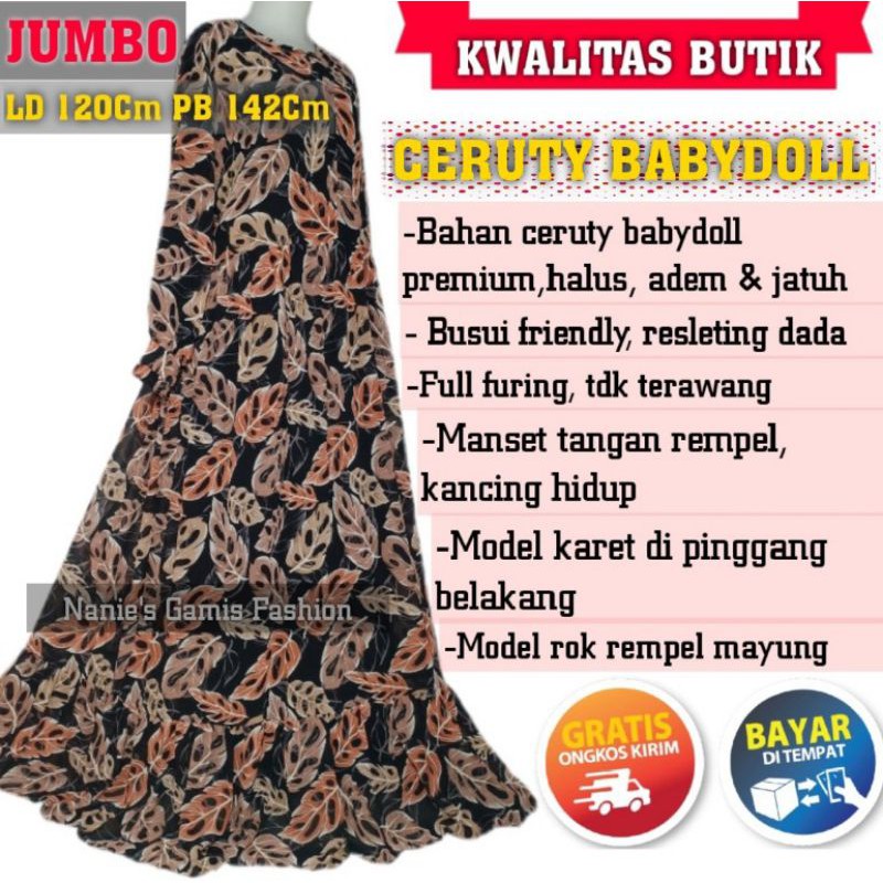 COD gamis jumbo xxxl LD 120 PB 142 busui ceruty motif daun janda bolong hitam rempel terbaru