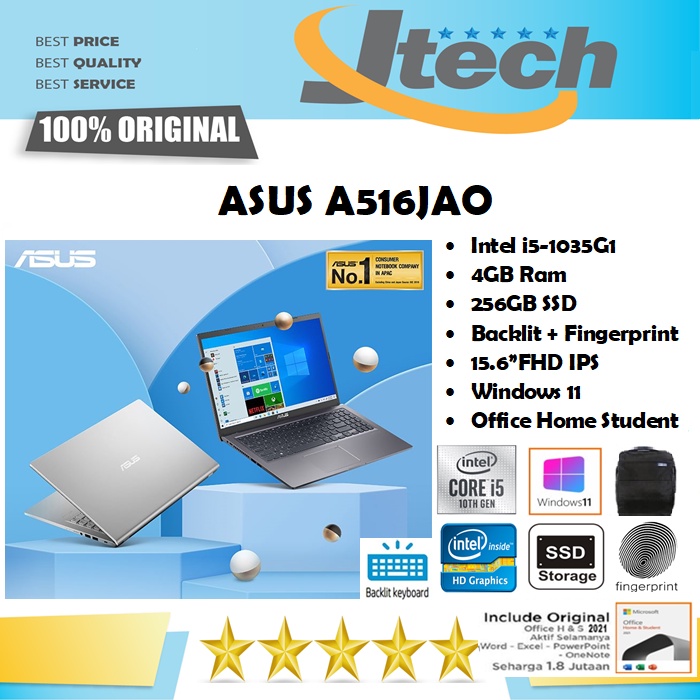 ASUS A516JAO - i5-1035G1 - 4GB - 256GB SSD - BACKLIT - 15.6&quot;FHD IPS - WIN11 - OFFICE HOME STUDENT