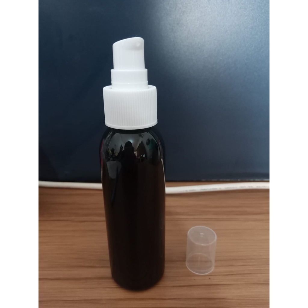 Botol Plastik PET 100ml BR Hitam Tutup Pump Treatment HC Putih