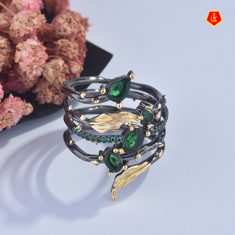 [Ready Stock]Creative Leaf Feather Colored Gems Black Gold Ring