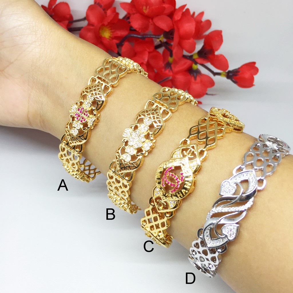 Gelang Rantai Lebar Ukir Xuping Batu Putih Pink Elegan Lapis Emas - BB427