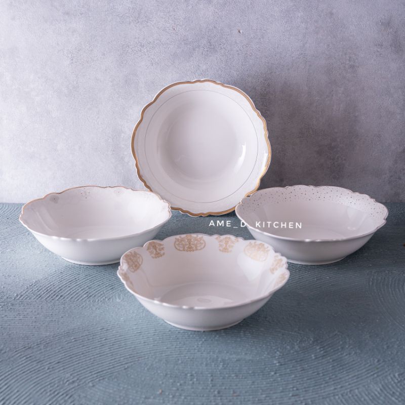 Mangkok bijian keramik besar 9" gelombang motif lis emas