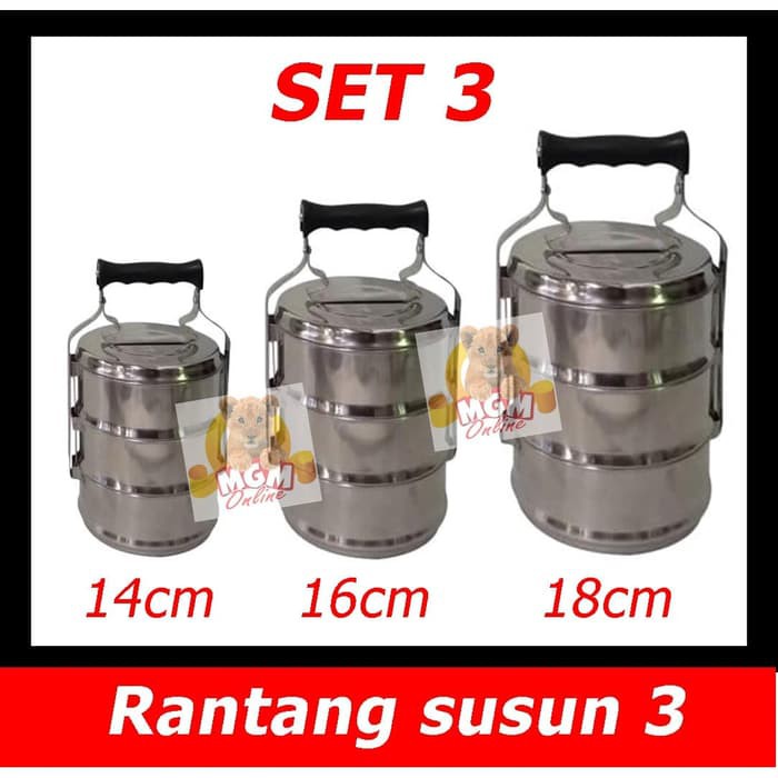 Rantang stainless susun 4 isi 3set (14cm &amp; 16cm &amp; 18cm) rantang piknik