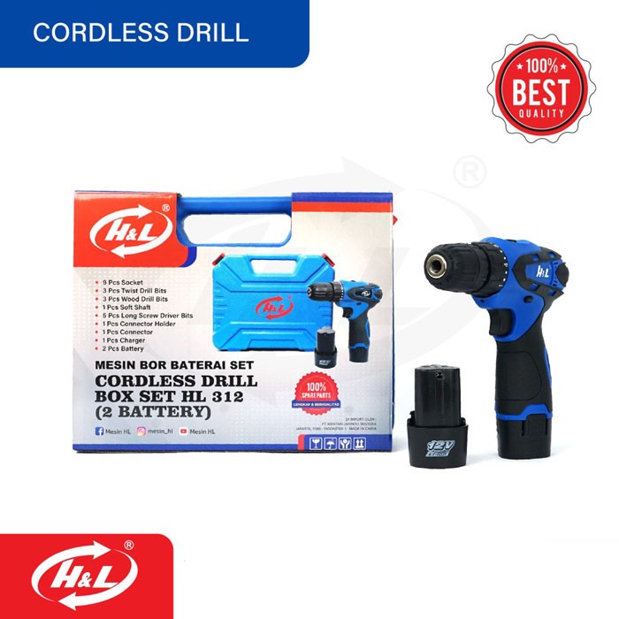 HL 312 Mesin Bor Baterai Set Cordless Drill Boxset 2 Baterai 12V HL312