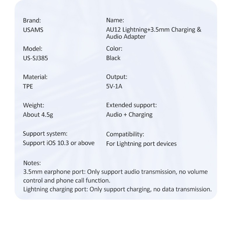 USAMS Adaptor Lightning Charging and 3.5mm Audio Adapter US-SJ385 Original