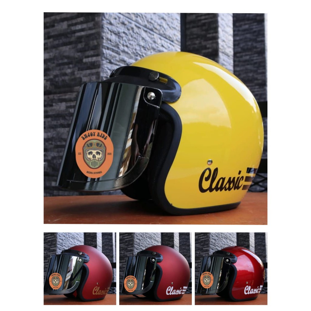 Helm Bogo Dewasa Garis Classic Dcs Kaca Datar Flat Injak Free Packing Buble Kardus