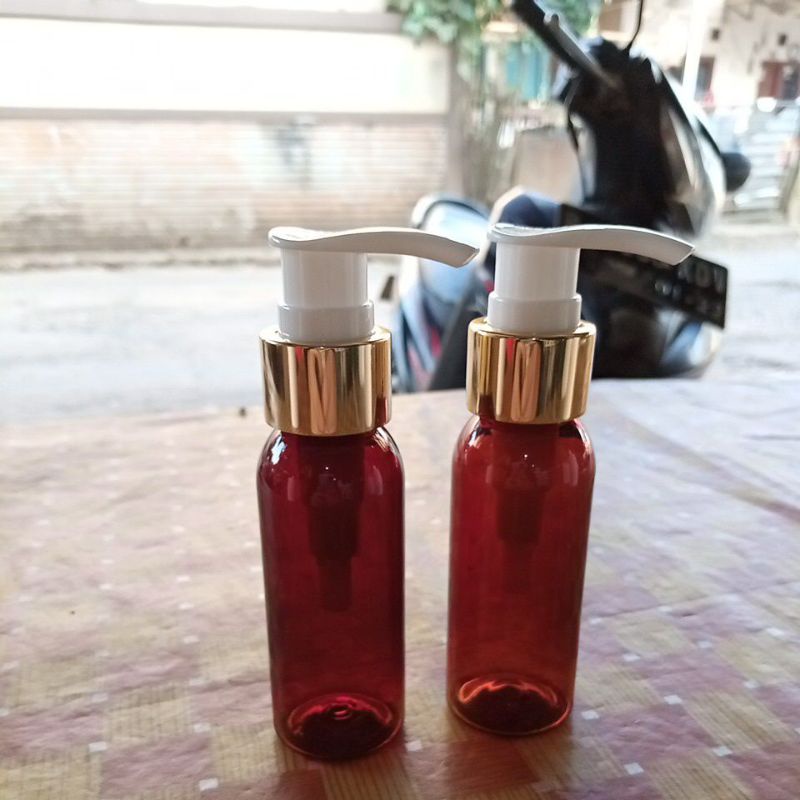 Botol amber atau botol coklat 60 ml tutup pump list gold