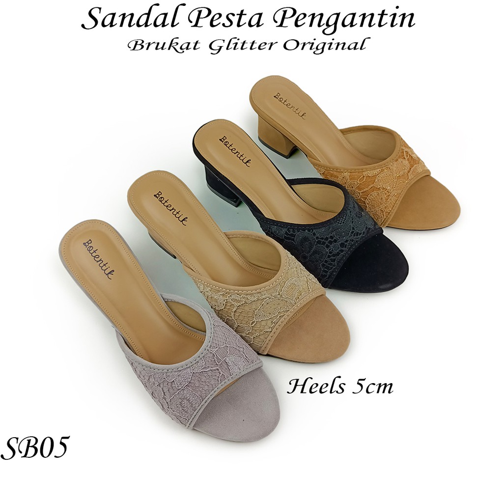 SB05 Sandal Slop Heels Pengantin Brukat Glitter Original 5cm Wanita Murah Terbaru