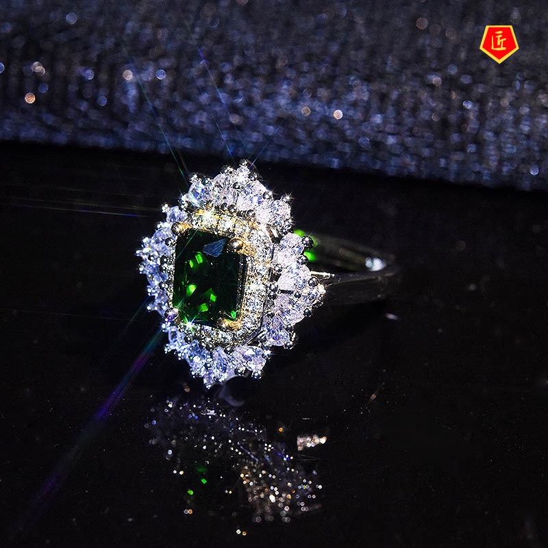 [Ready Stock]Luxury Inlaid Emerald Open Ring