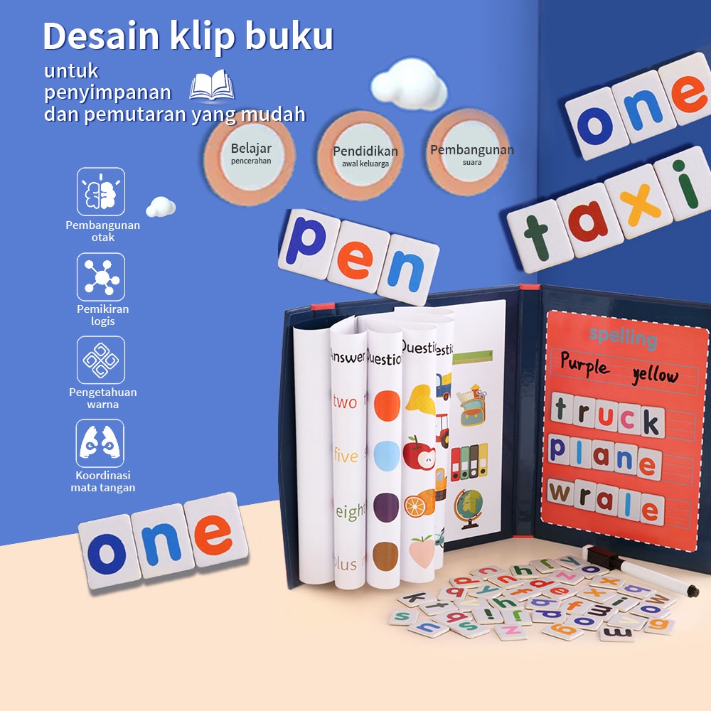 Aikoky Puzle kayu edukasi anak Game Ejaan Magnetik/Buku edukasi anak 26 huruf bahasa Inggris