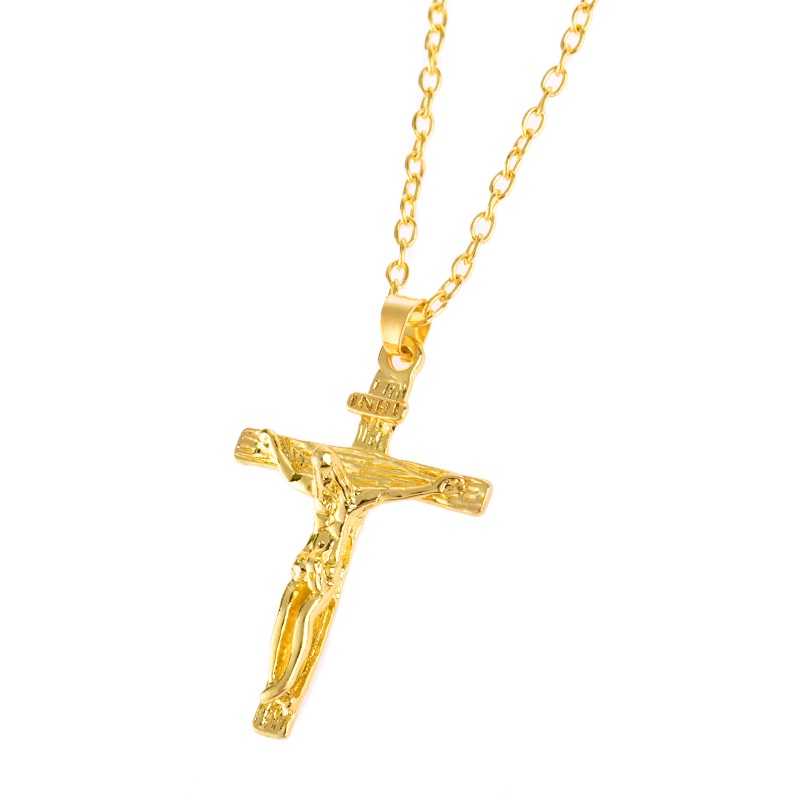 Kalung Rantai Liontin Salib Yesus Bahan Stainless Steel Lapis Emas / Silver 14k Gaya Hip Hop