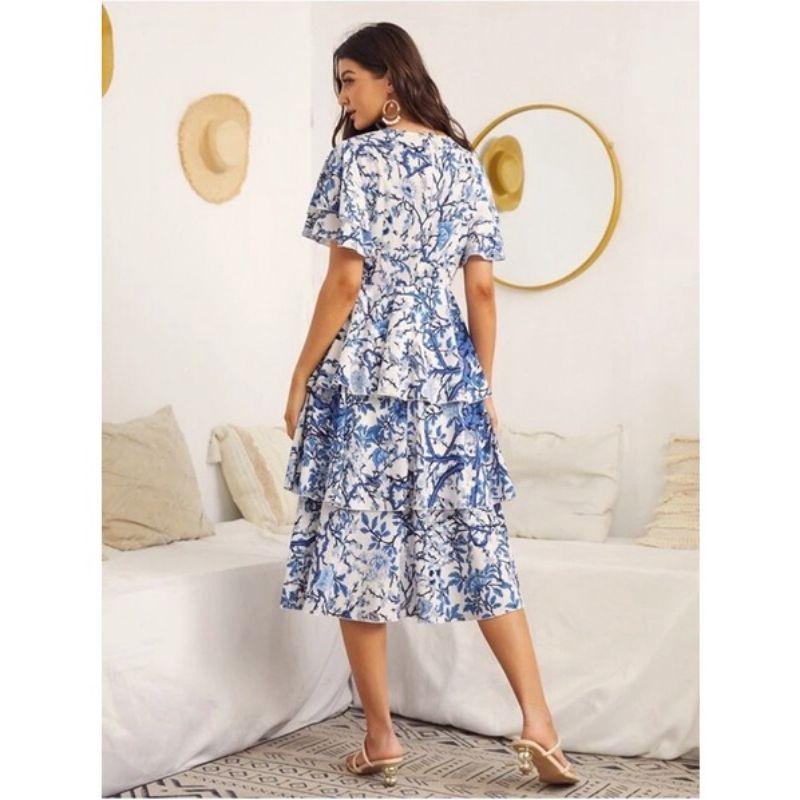 VN SUMMER DRESS / DRESS PANTAI /  KOREAN DRESS / BEACH BUTTERFLY SLEEVE LAYERED HEM FLORAL DRESS