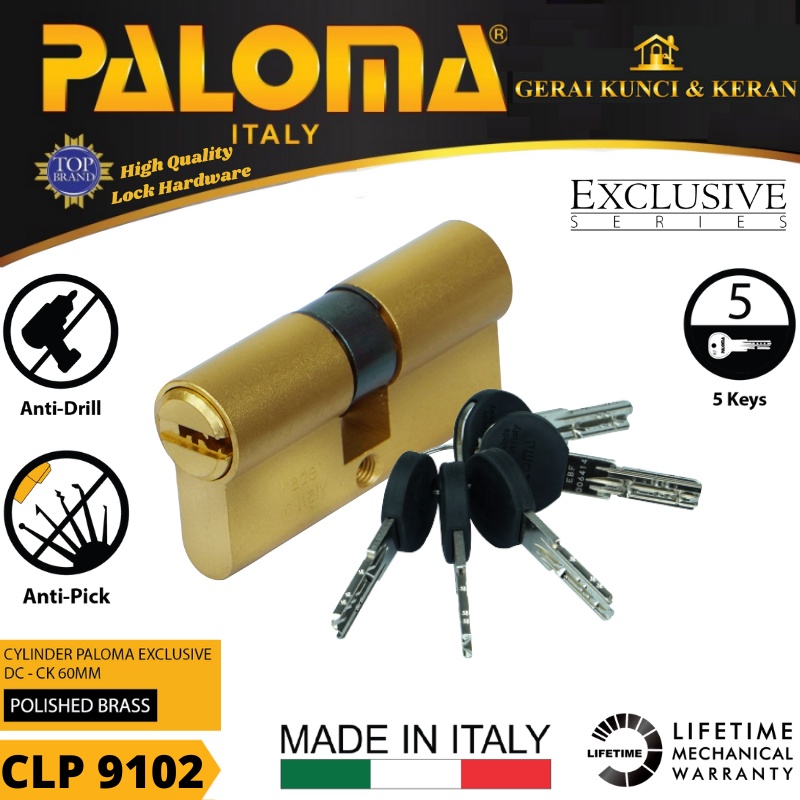 PALOMA CLP 9102 CYLINDER ITALY 60 MM EXCLUSIVE KUNCI PINTU GOLD POLISHED BRASS