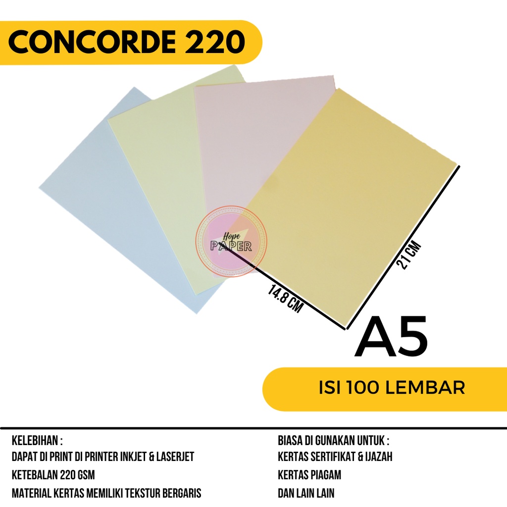 

Kertas Concorde A5 220 gr isi 100 lembar / Kertas Sertifikat A5