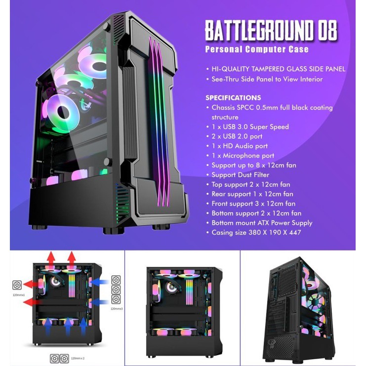 Casing PC Simbadda Battleground 08 RGB Led Tempered Glass