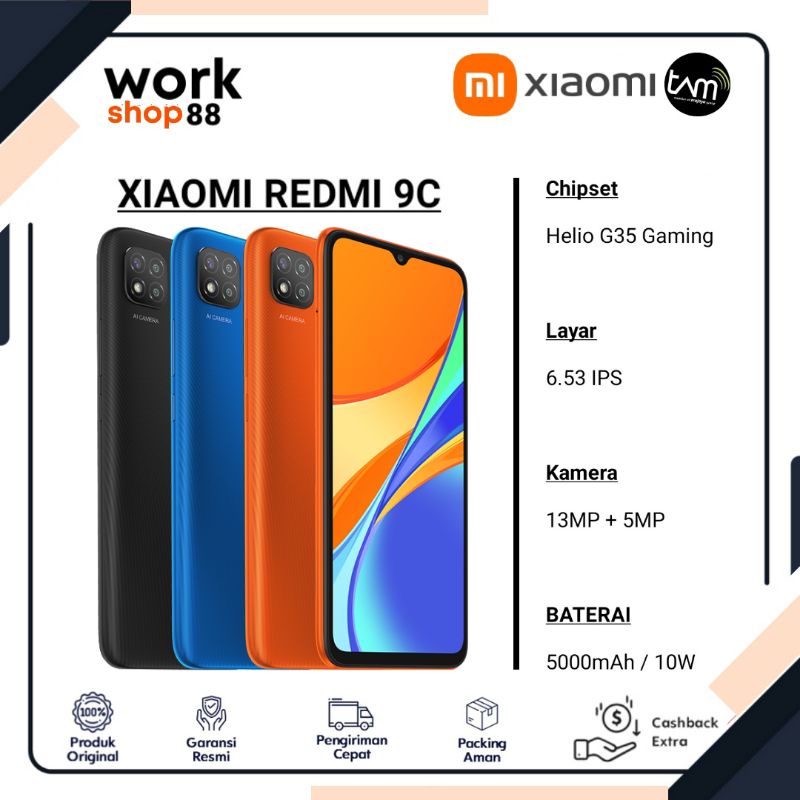 HP Baru Xiaomi Redmi 9C 4/64 Ram 4GB Rom internal 64GB - New Original Garansi Resmi TAM - Layar Full Display, Baterai 5000 mAh, Prosesor Helio G35, 13MP 3 Kamera - 3/32 4 3GB 32GB 3 32 GB - Warna Colour Orange Black Blue Biru Hitam Oren - Promo Murah 9 C