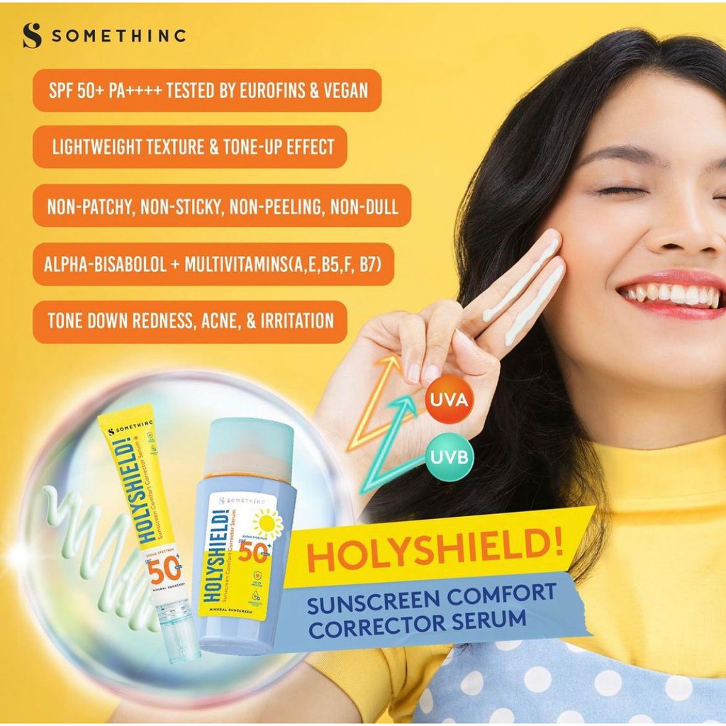 Somethinc Holyshield! Sunscreen Comfort Corrector Serum Glowing Up Sunscreen Stick Shake Mist SPF 50+ PA++++ Sunblok Wajah Sunblok Muka