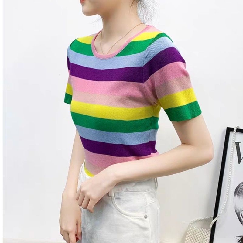 MDLV ~ 2766 RAINBOW KNIT TSHIRT // KAOS RAJUT CEWEK IMPORT // FASHION IMPORT WANITA